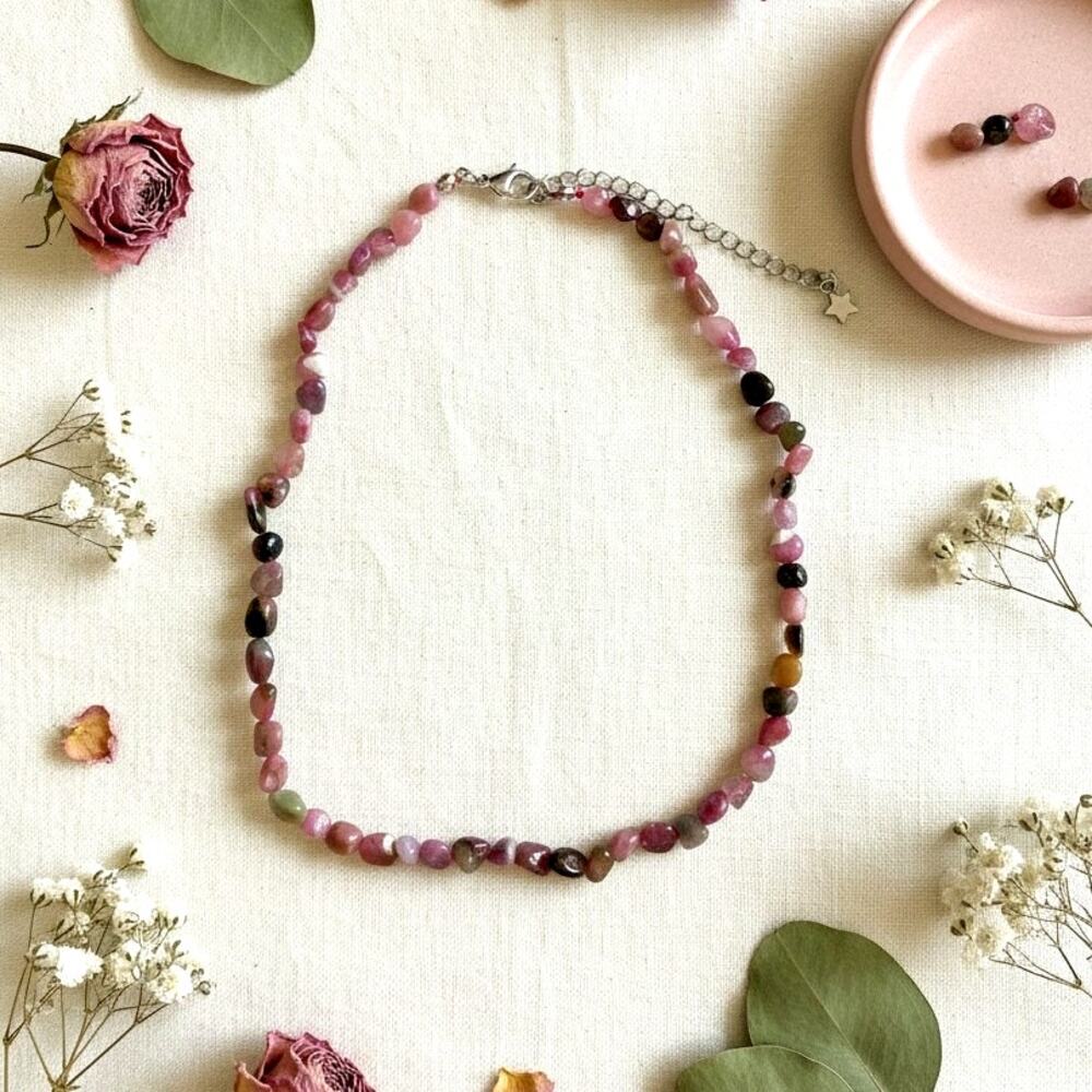 Natural Multi-Color Tourmaline Beaded Necklace Pink Green Gemstone
